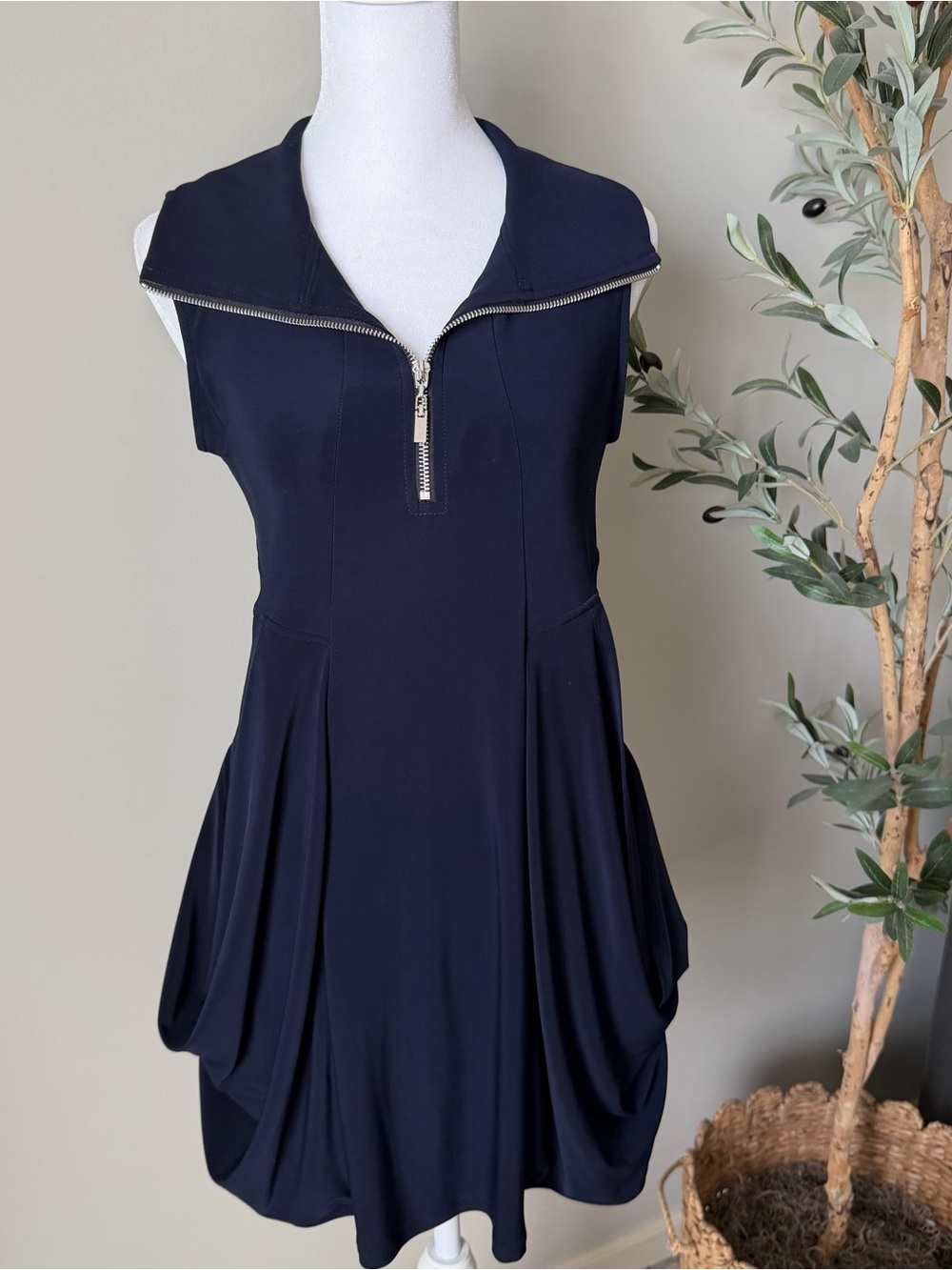 Joseph Ribkoff Navy Zip-Front Pleated Mini Dress Pant Set